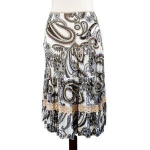 VINTAGE Boho Midi Skirt Parisian Crochet Rickrack Paisley Gold Green Size S